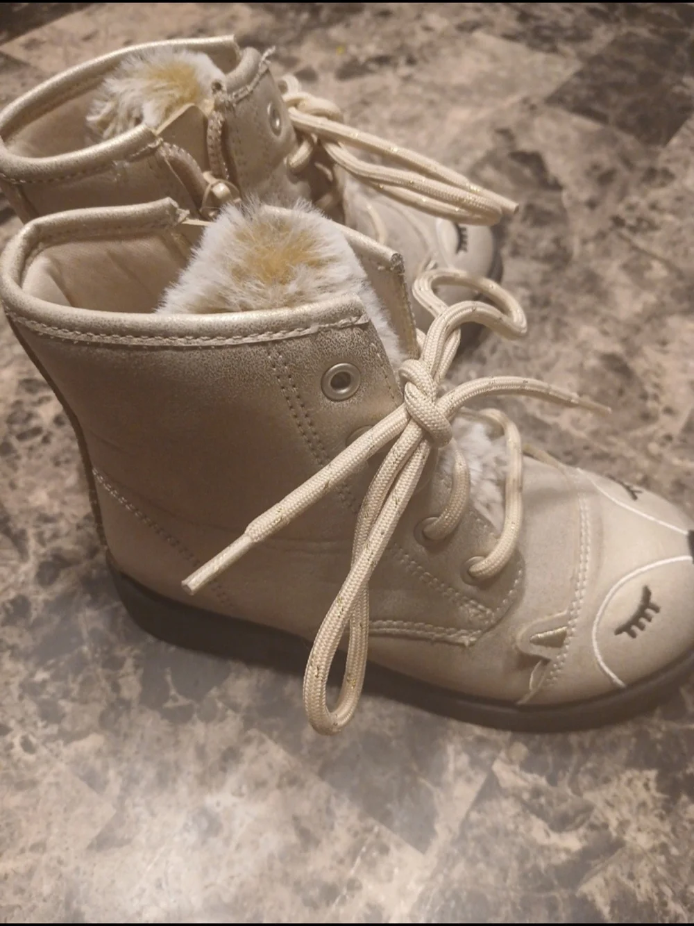 Girls' Cream Faux-Fur Lined Animal Face Boots
